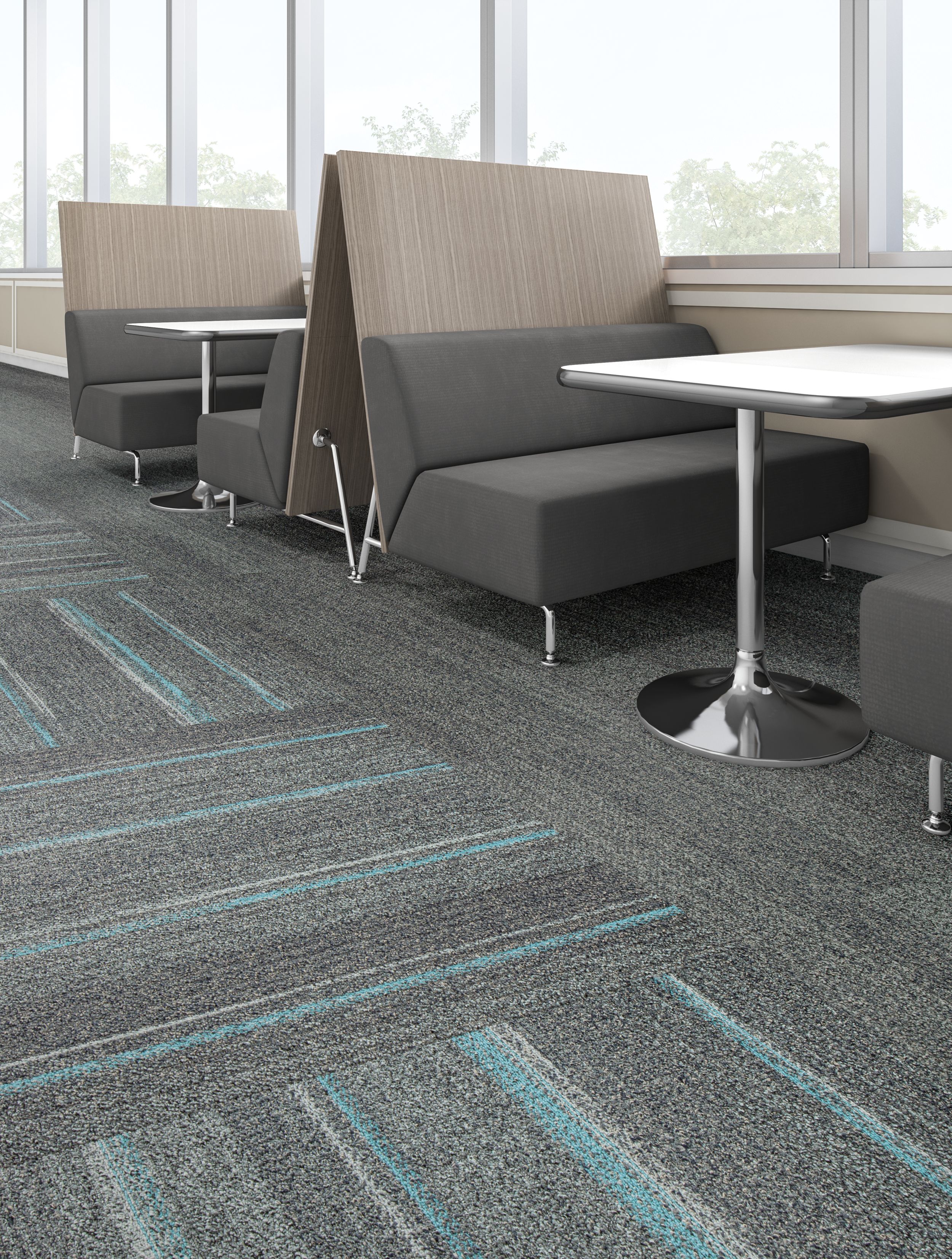 Interface Harmonize and Ground Waves plank carpet tile in cafe area with gray booths image number 3